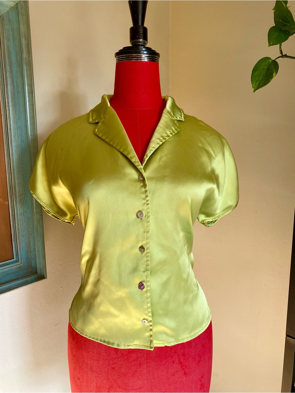 Satin Green Short-Sleeve Button-Up